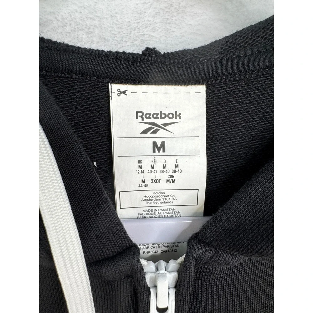 Reebok Womens Full Zip Hoodie Black Logo Side Stripe Drop Shoulder Medium M - Picture 6 of 7